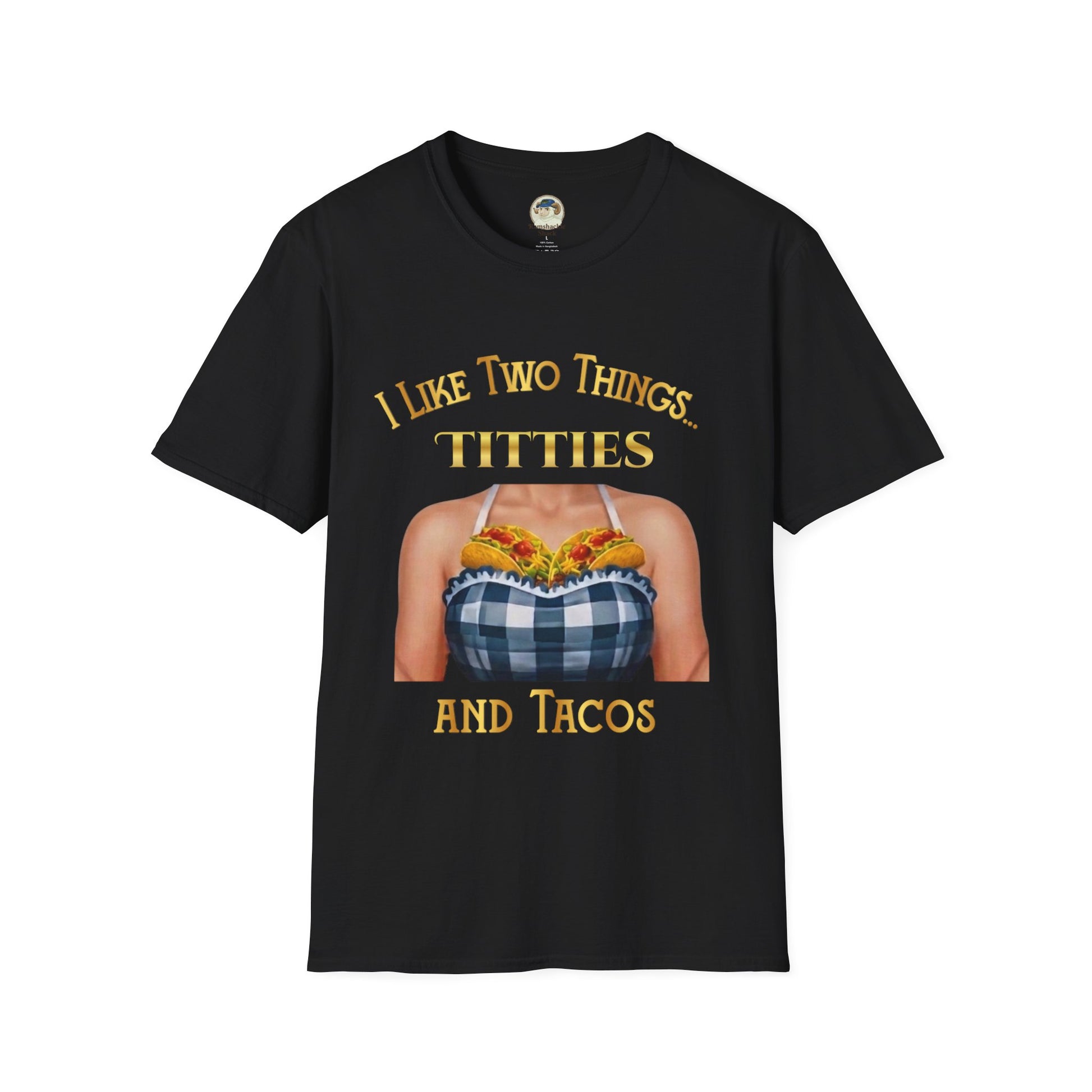 Funny graphic T-shirt by Printify featuring the phrase “I Like Two Things: Titties and Tacos” with taco illustrations.