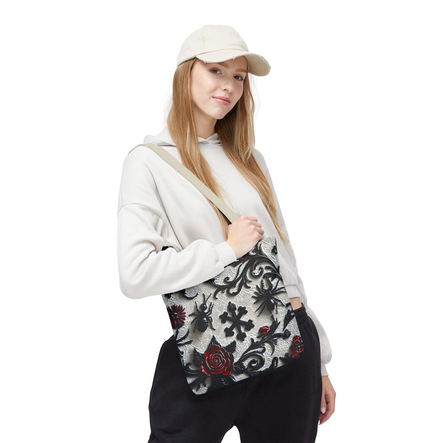 Gothic filigree tote bag with ornate dark floral print, featuring a spacious design and intricate detailing on durable fabric.