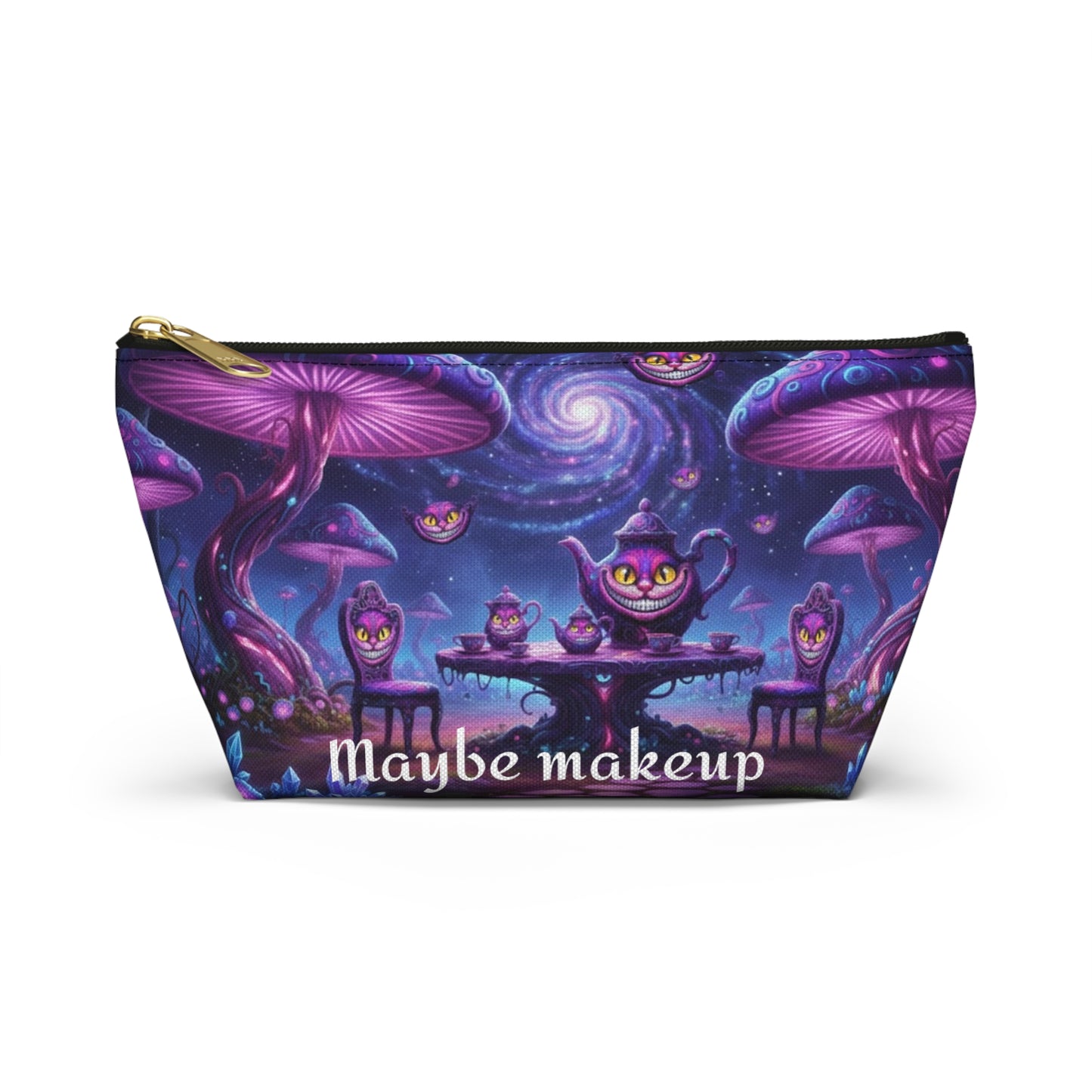 Cheshire Cat mushroom accessory pouch by Printify featuring a whimsical design, perfect for makeup or snacks.