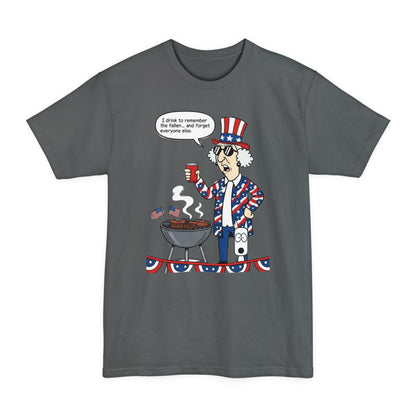Sassy Max "I Drink to Remember" patriotic funny graphic T-shirt for men, tall beefy-t style with bold print and colorful design.