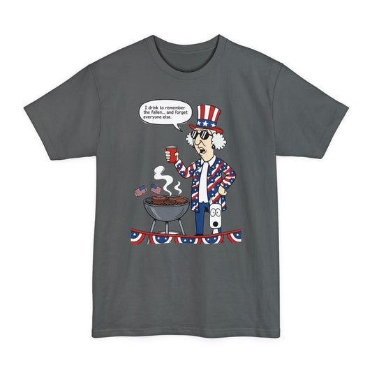 Sassy Max "I Drink to Remember" patriotic funny graphic T-shirt for men, tall beefy-t style with bold print and colorful design.