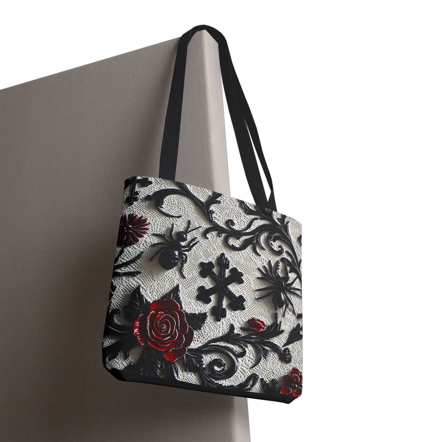 Gothic filigree tote bag with ornate dark floral print, featuring intricate design and spacious interior, by Printify.
