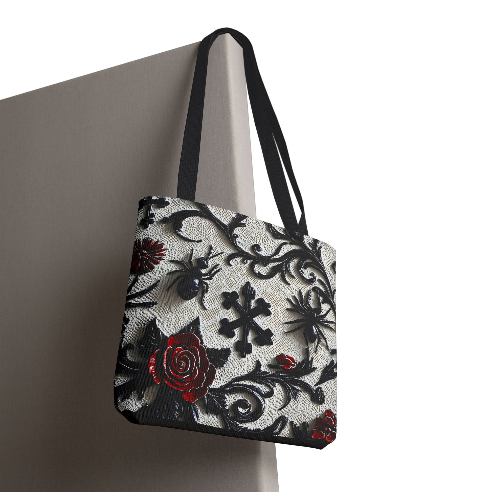 Gothic filigree tote bag with ornate dark floral print, featuring intricate design and spacious interior, by Printify.