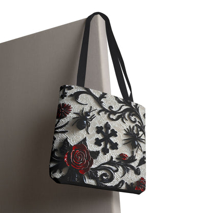 Gothic filigree tote bag with ornate dark floral print, featuring intricate design and spacious interior, by Printify.