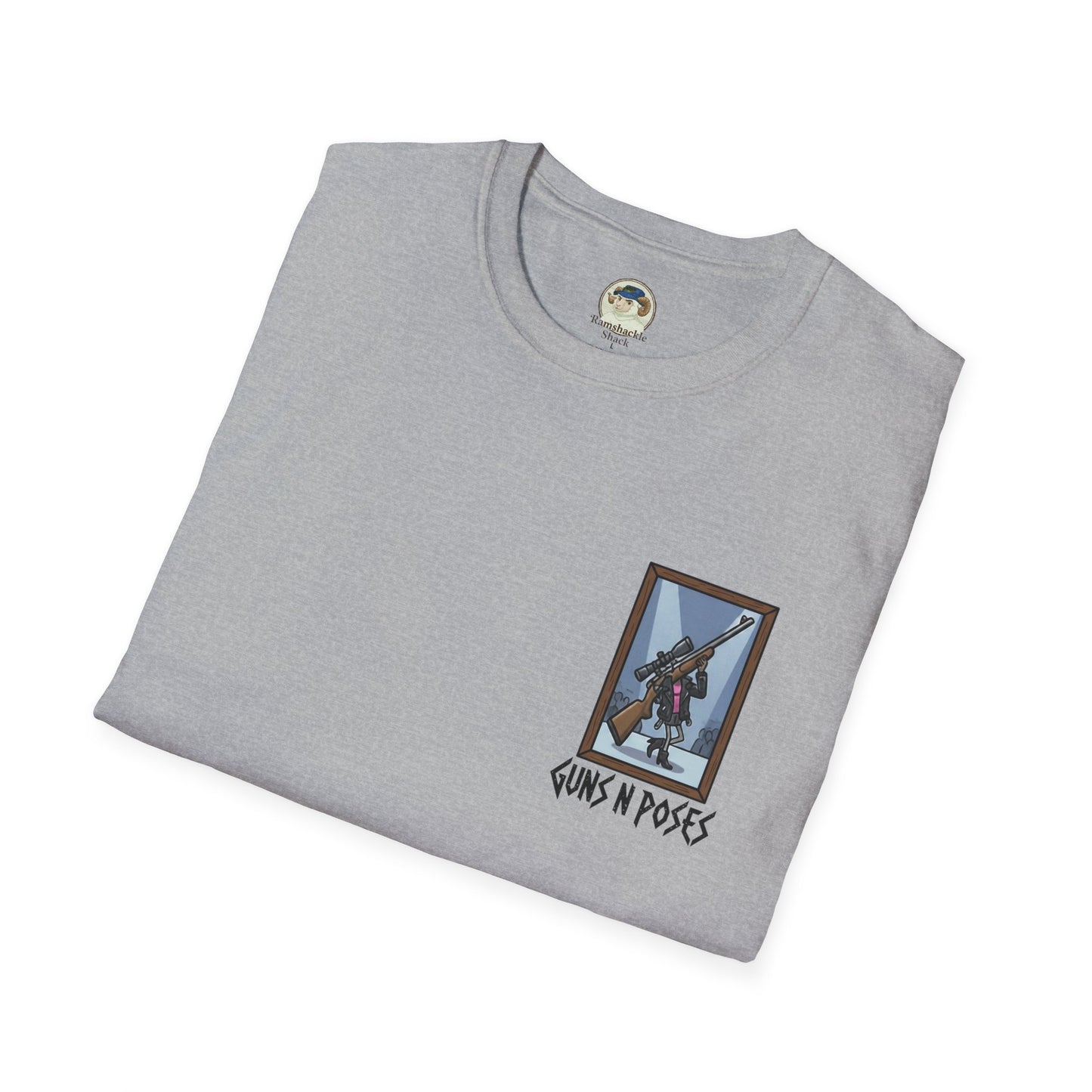 Black t-shirt featuring artwork from "Guns in Poses" gallery, showcasing various gun illustrations in dynamic poses.