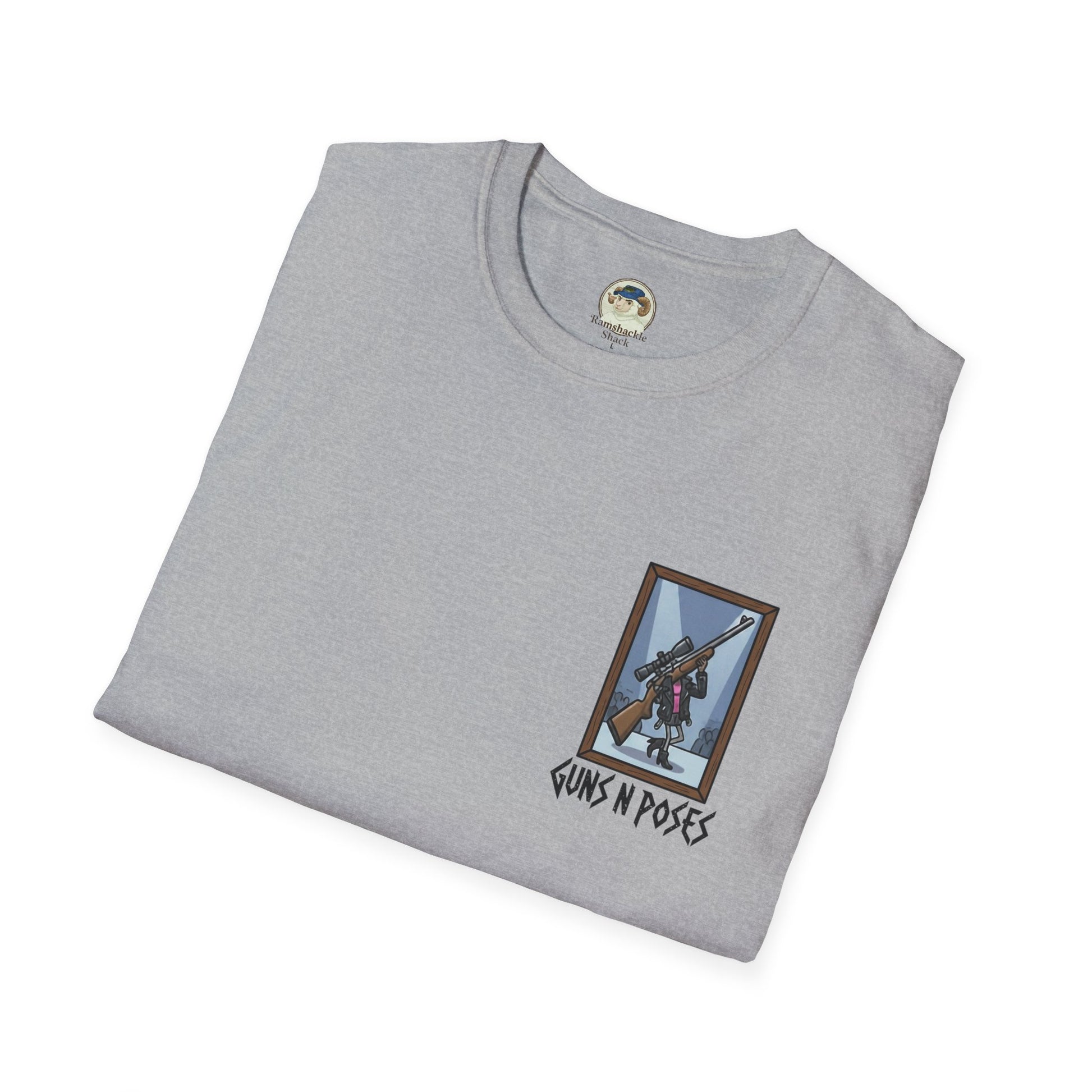 Black t-shirt featuring artwork from "Guns in Poses" gallery, showcasing various gun illustrations in dynamic poses.