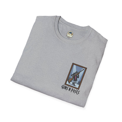 Black t-shirt featuring artwork from "Guns in Poses" gallery, showcasing various gun illustrations in dynamic poses.