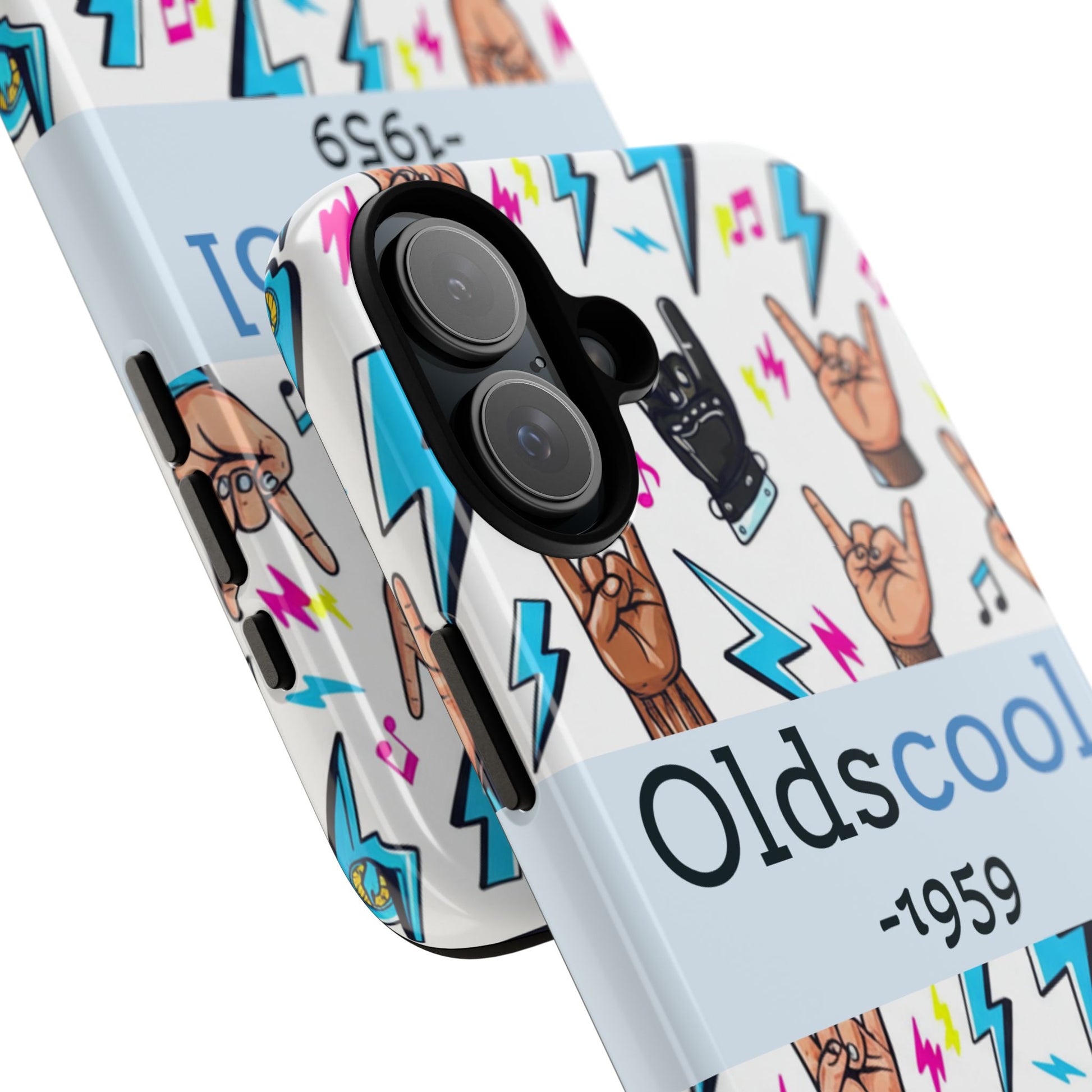 Retro Rock 'Oldscool 1959' Phone Case – Lightning & Rock Hand Pattern - Ramshackle Shack