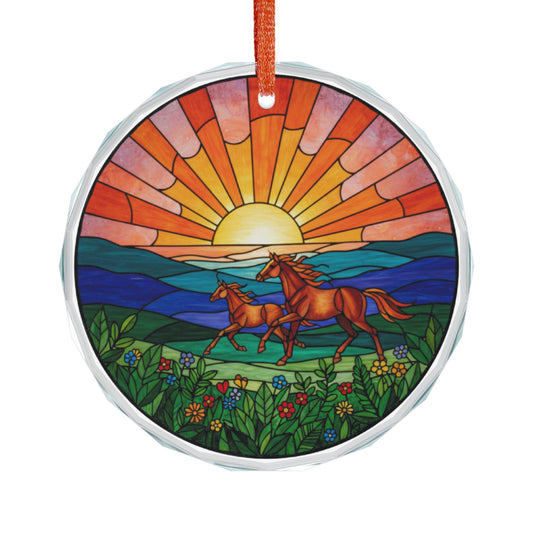 Colorful stained glass mare and foal sunset ornament, decorative home decor piece with vibrant glass panels.