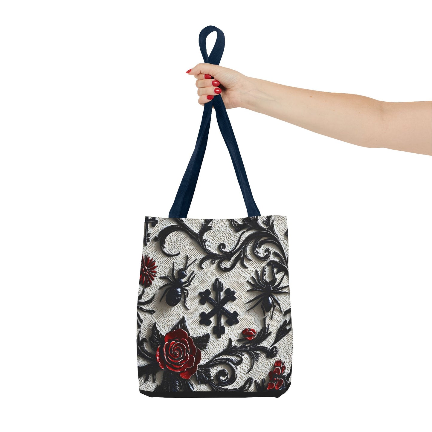 Gothic filigree tote bag with ornate dark floral print, featuring intricate designs on a stylish bag from Printify.