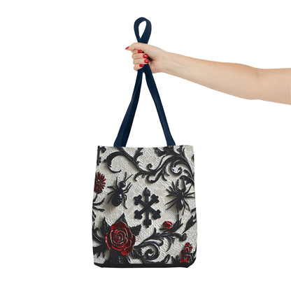 Gothic filigree tote bag with ornate dark floral print, featuring intricate designs on a stylish bag from Printify.