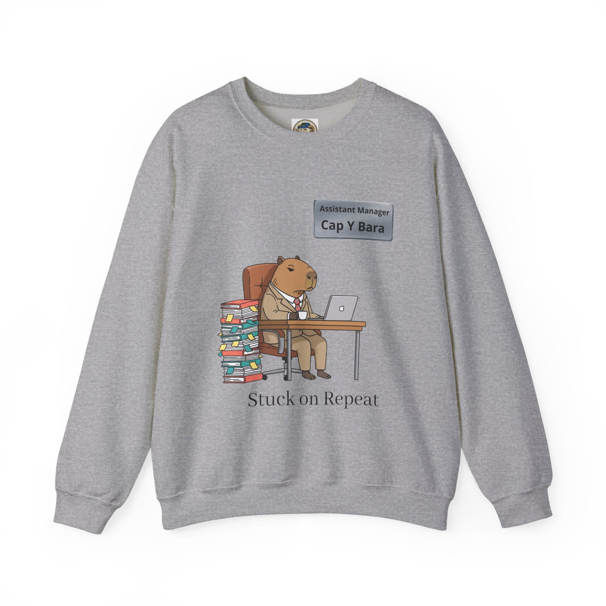Adult sweatshirt featuring a Capybara at desk with an unhinged animal bureaucracy illustration, perfect for office or casual wear.