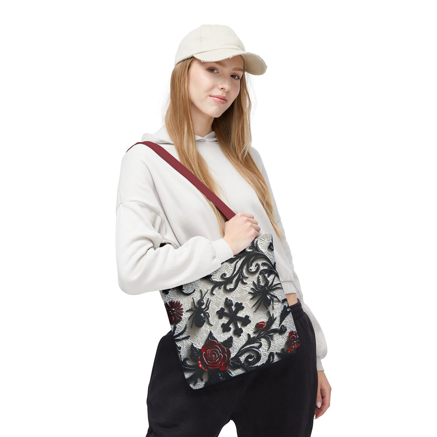 Gothic filigree tote bag with ornate dark floral all-over print, showcasing intricate design and spacious bag for everyday use.