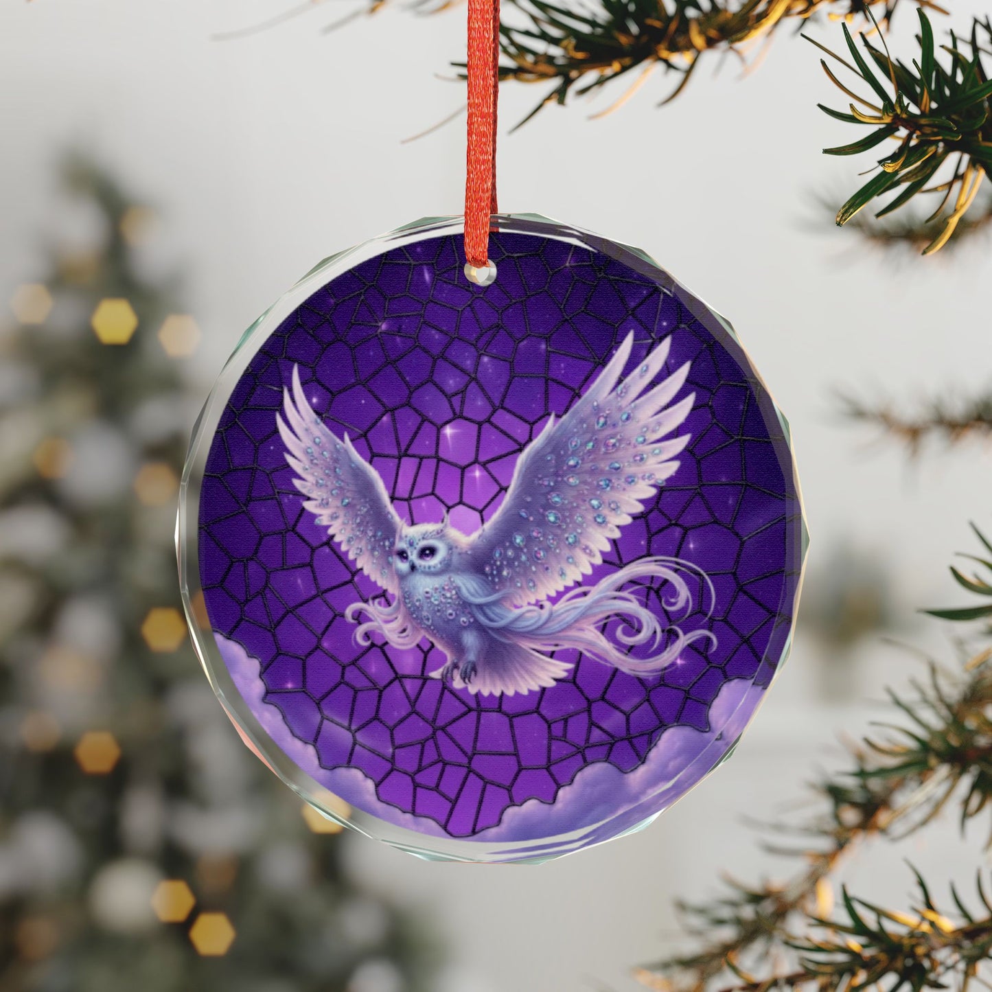 Colorful stained glass owl suncatcher ornament for home decor featuring intricate fantasy design by Printify