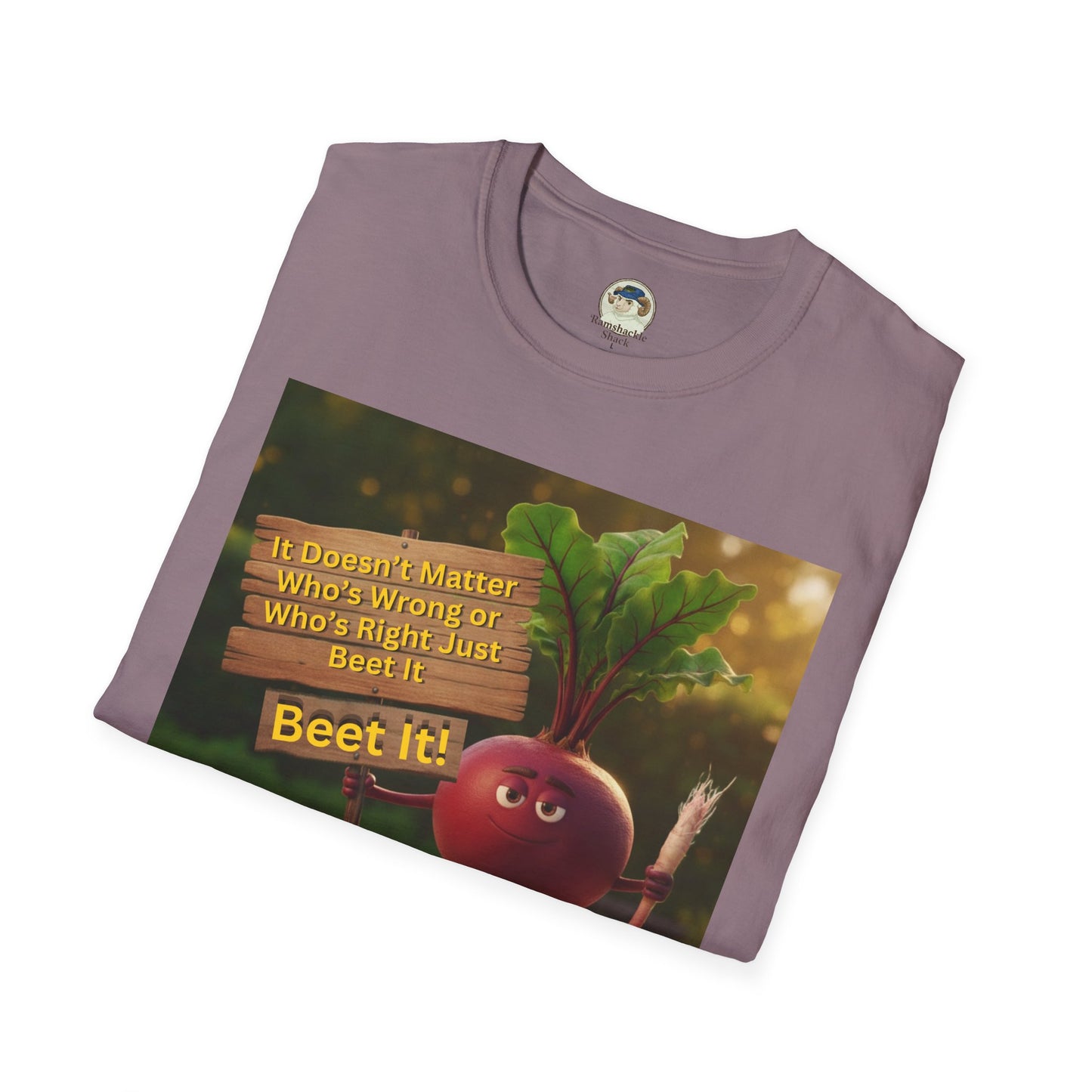 Unisex softstyle T-shirt with a humorous beetroot graphic and "Just Beet It!" slogan, by Printify, displayed on a white background.