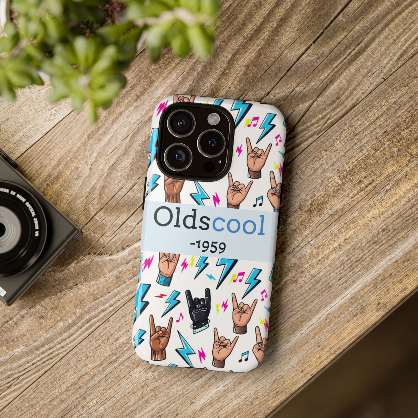 Retro Rock 'Oldscool 1959' Phone Case – Lightning & Rock Hand Pattern - Ramshackle Shack