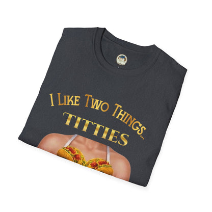 Funny graphic T-shirt featuring the phrase "I Like Two Things: Titties and Tacos" with a colorful taco illustration on a Printify T-shirt.