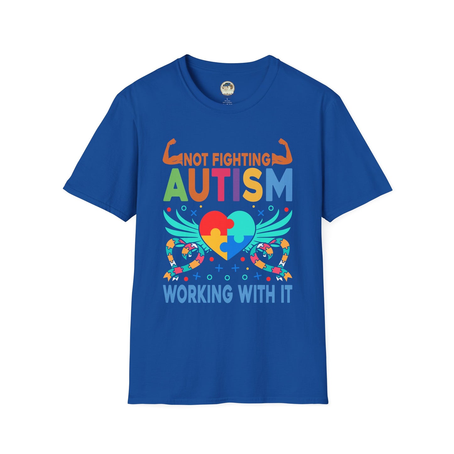 Autism Awareness T-Shirt — "Not Fighting Autism, Working With It" Puzzle Ribbon Tee - Ramshackle Shack