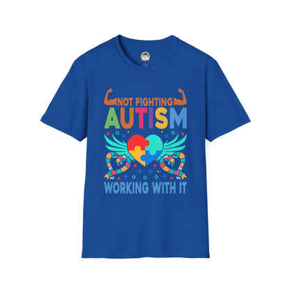 Autism Awareness T-Shirt — "Not Fighting Autism, Working With It" Puzzle Ribbon Tee - Ramshackle Shack