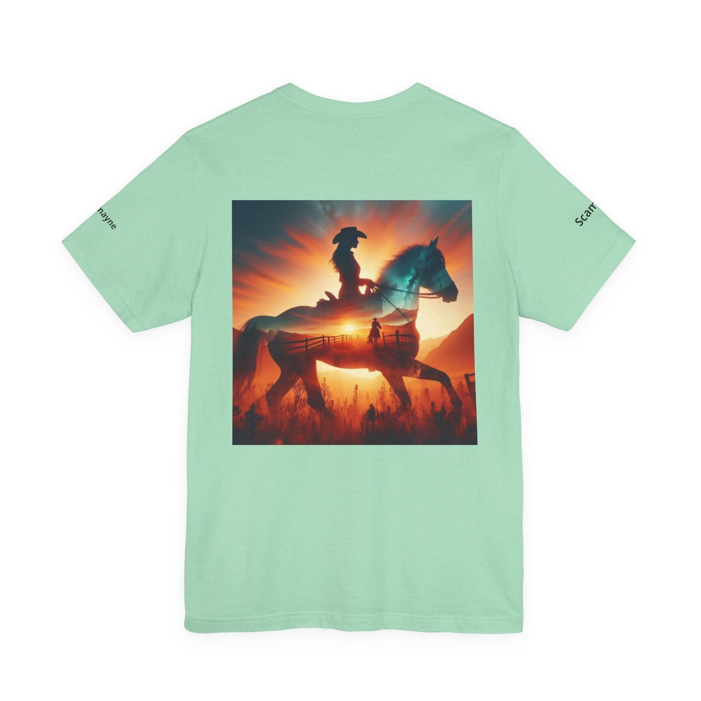 Personalized western sunset design T-shirt by Printify featuring "Nothing So Wild Rider" theme on a casual tee.
