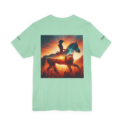 Personalized western sunset design T-shirt by Printify featuring "Nothing So Wild Rider" theme on a casual tee.