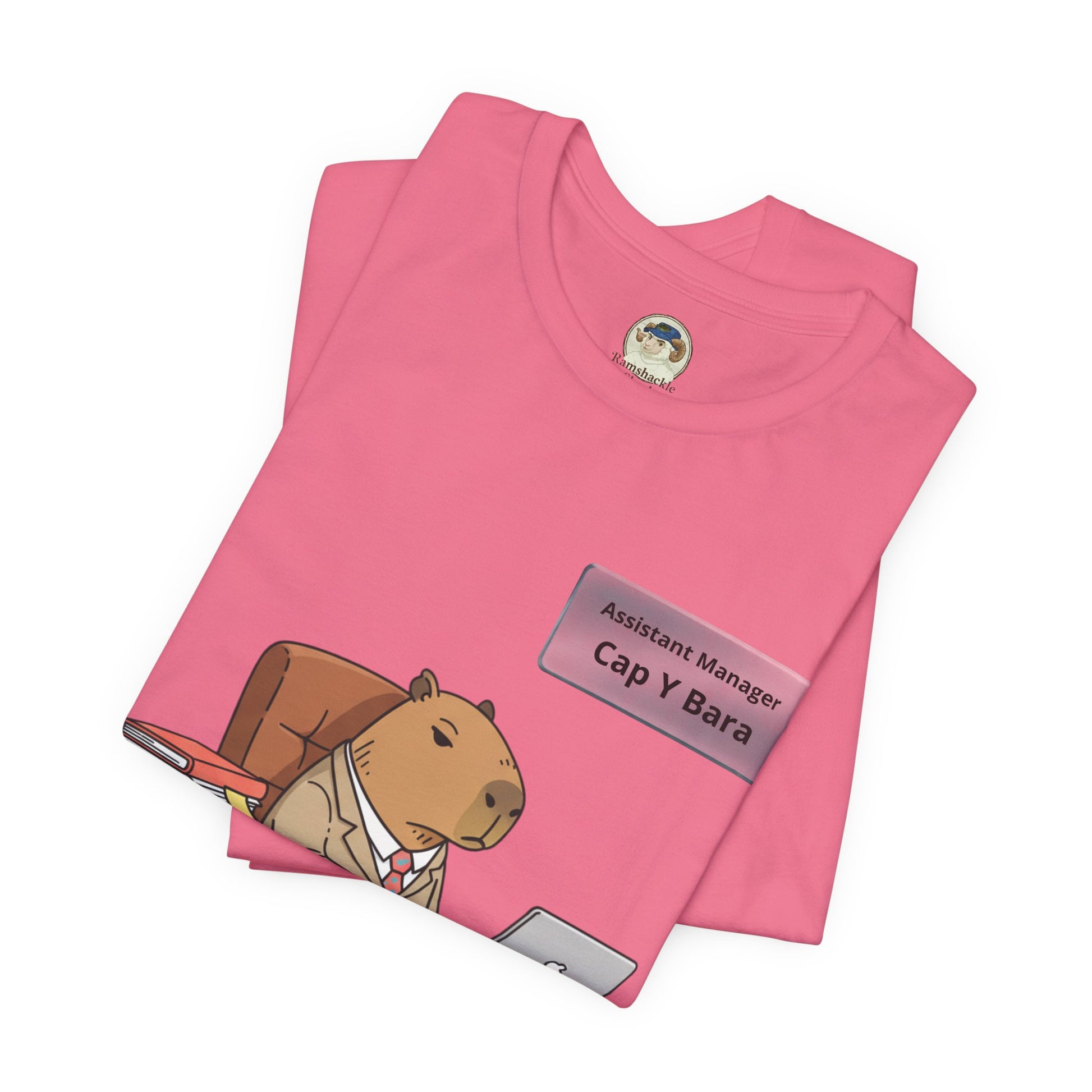 Gray T-shirt featuring a capybara in a suit illustration and the "Stuck on Repeat" text, personalized with a custom nameplate.