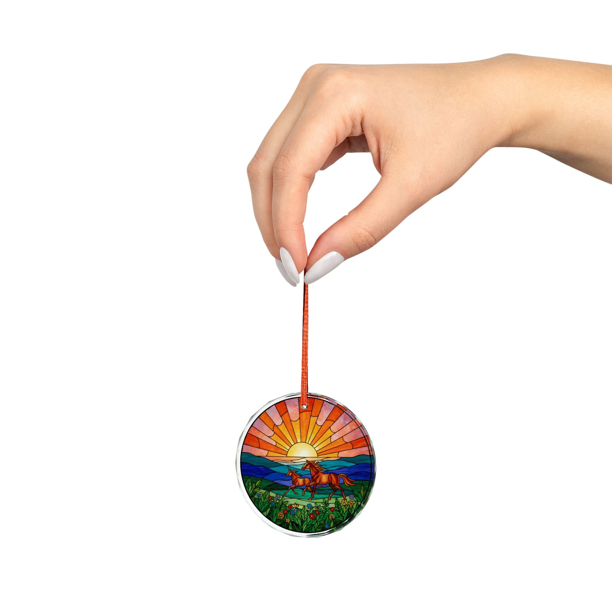 Stained glass mare and foal sunset ornament for home decor, featuring colorful horse and foal silhouette in vibrant sunset hues.