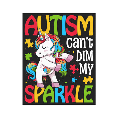 Autism Can't Dim My Sparkle print on paper product by Printify, featuring colorful, empowering design with sparkles and vibrant text.