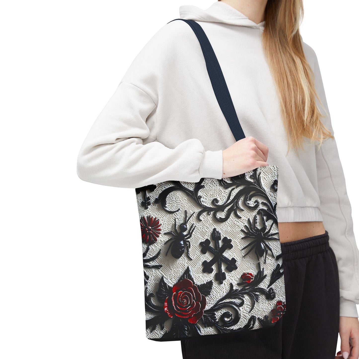 Gothic filigree tote bag with ornate dark floral all-over print, featuring intricate design on a stylish bag.