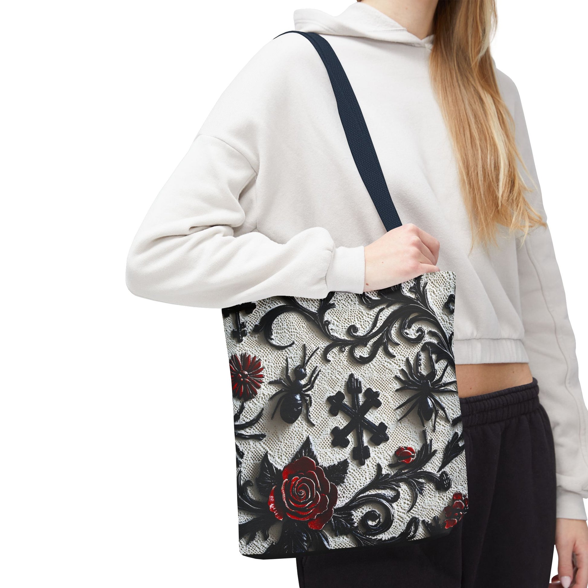 Gothic filigree tote bag with ornate dark floral all-over print, featuring intricate design on a stylish bag.