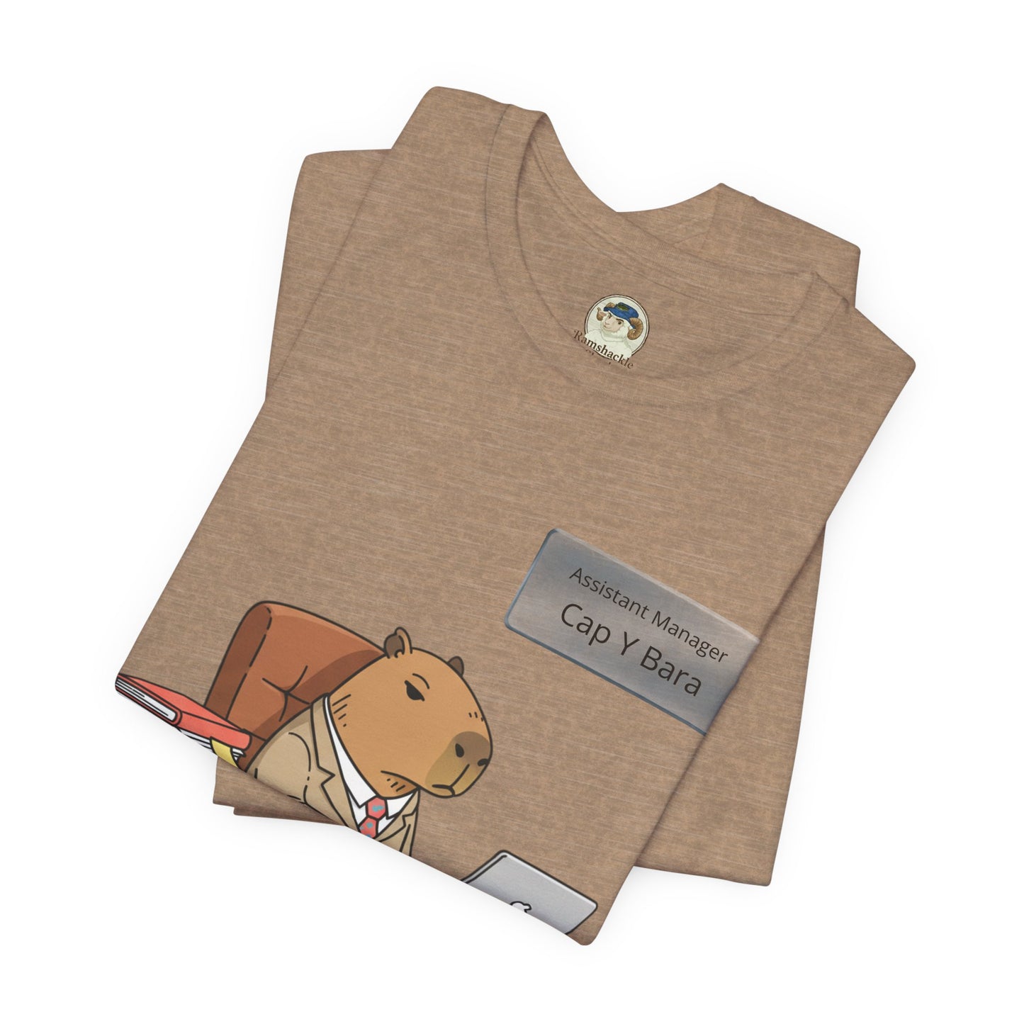 Printed T-shirt featuring a capybara in a suit with "Stuck on Repeat" text and personalized nameplate design.