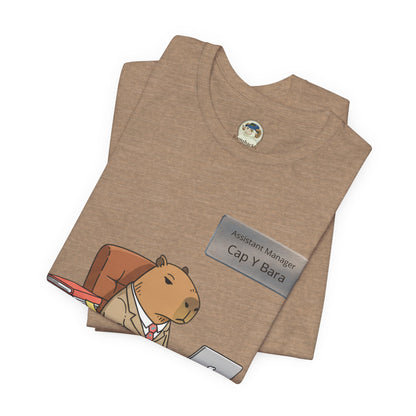 Printed T-shirt featuring a capybara in a suit with "Stuck on Repeat" text and personalized nameplate design.