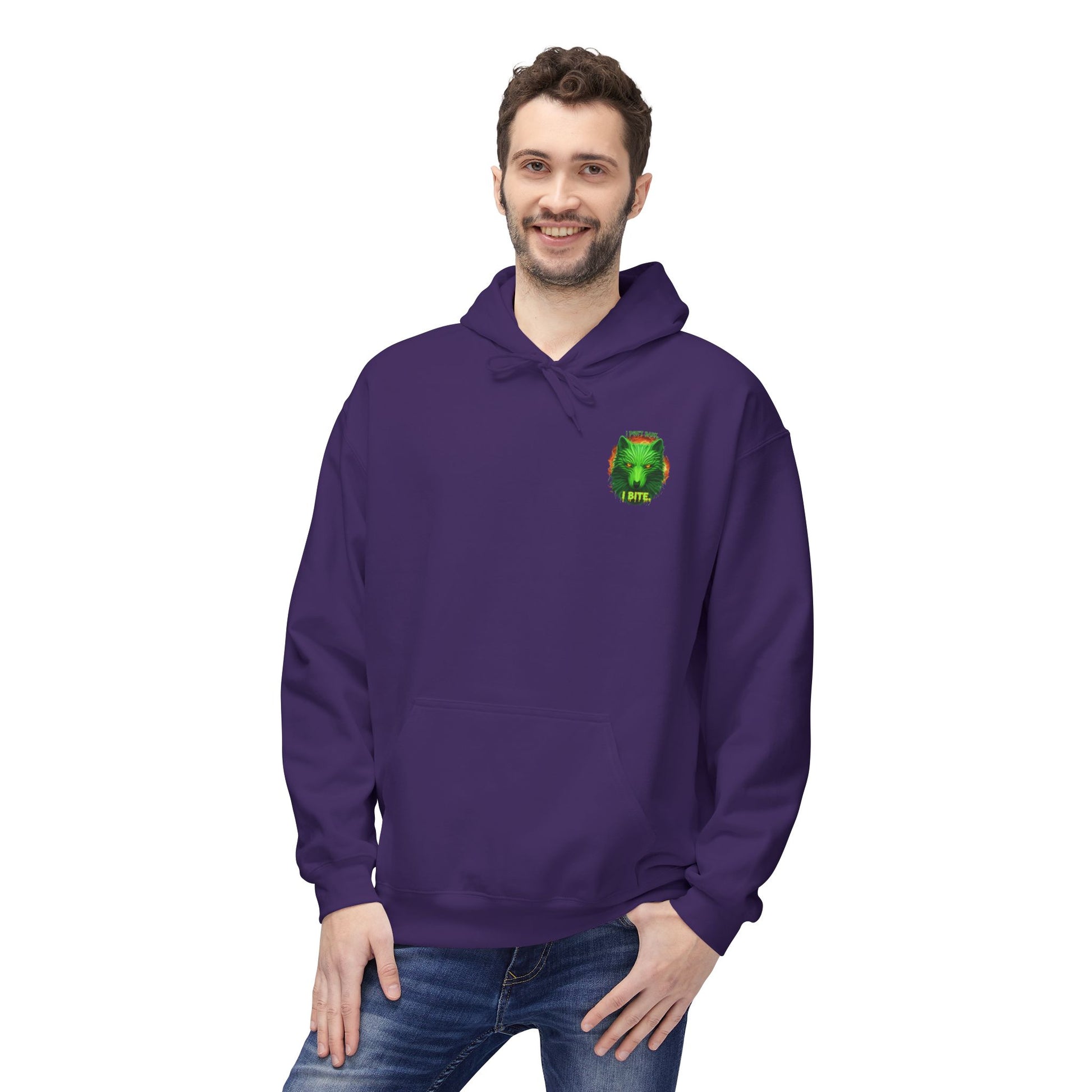 Neon green wolf graphic hoodie for night riders, Printify I Bite Wolf Hoodie, featuring a bold wolf design on a comfortable hoodie.