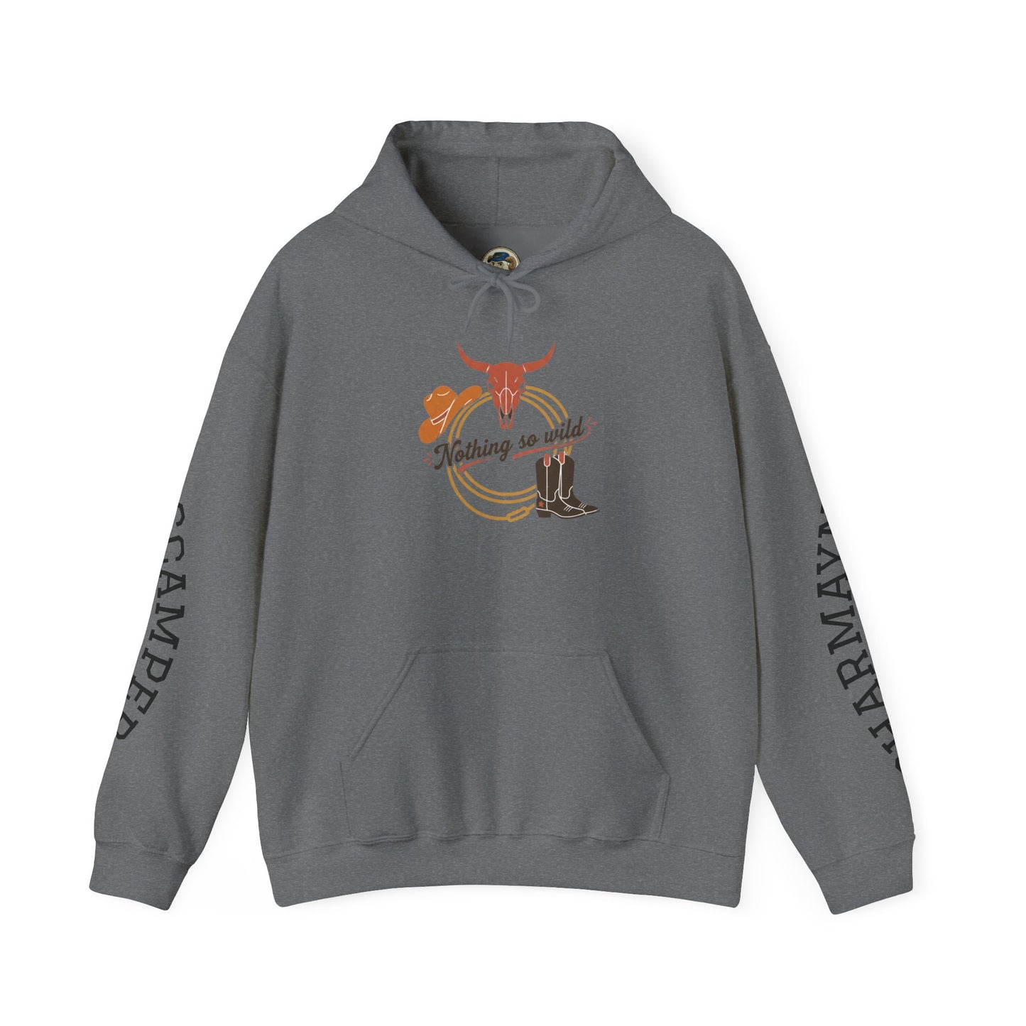 Western minimalist rider hoodie with personalized bull skull and prairie sunset design, featuring a cozy, stylish hoodie for outdoor enthusiasts