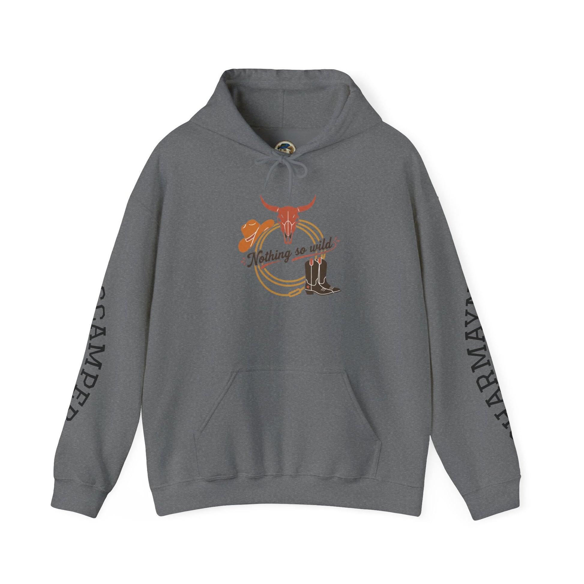 Western minimalist rider hoodie with personalized bull skull and prairie sunset design, featuring a cozy, stylish hoodie for outdoor enthusiasts