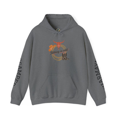 Western minimalist rider hoodie with personalized bull skull and prairie sunset design, featuring a cozy, stylish hoodie for outdoor enthusiasts