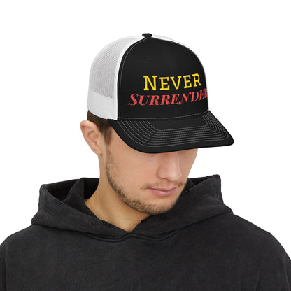 Printify Never Surrender snapback trucker cap with adjustable mesh back and bold front design, casual streetwear hat for men and women.