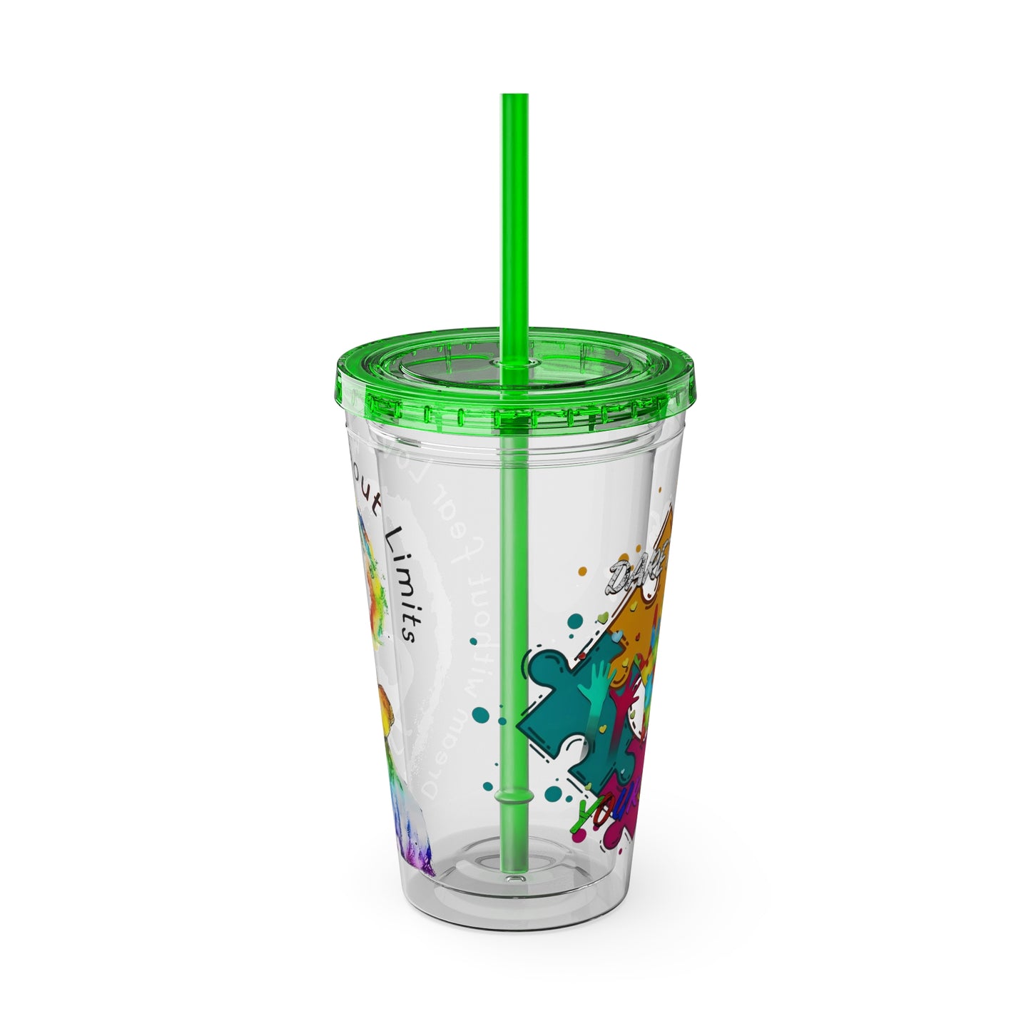16oz Printify Sunsplash tumbler with straw featuring watercolor elephant and paint-splatter puzzle designs.