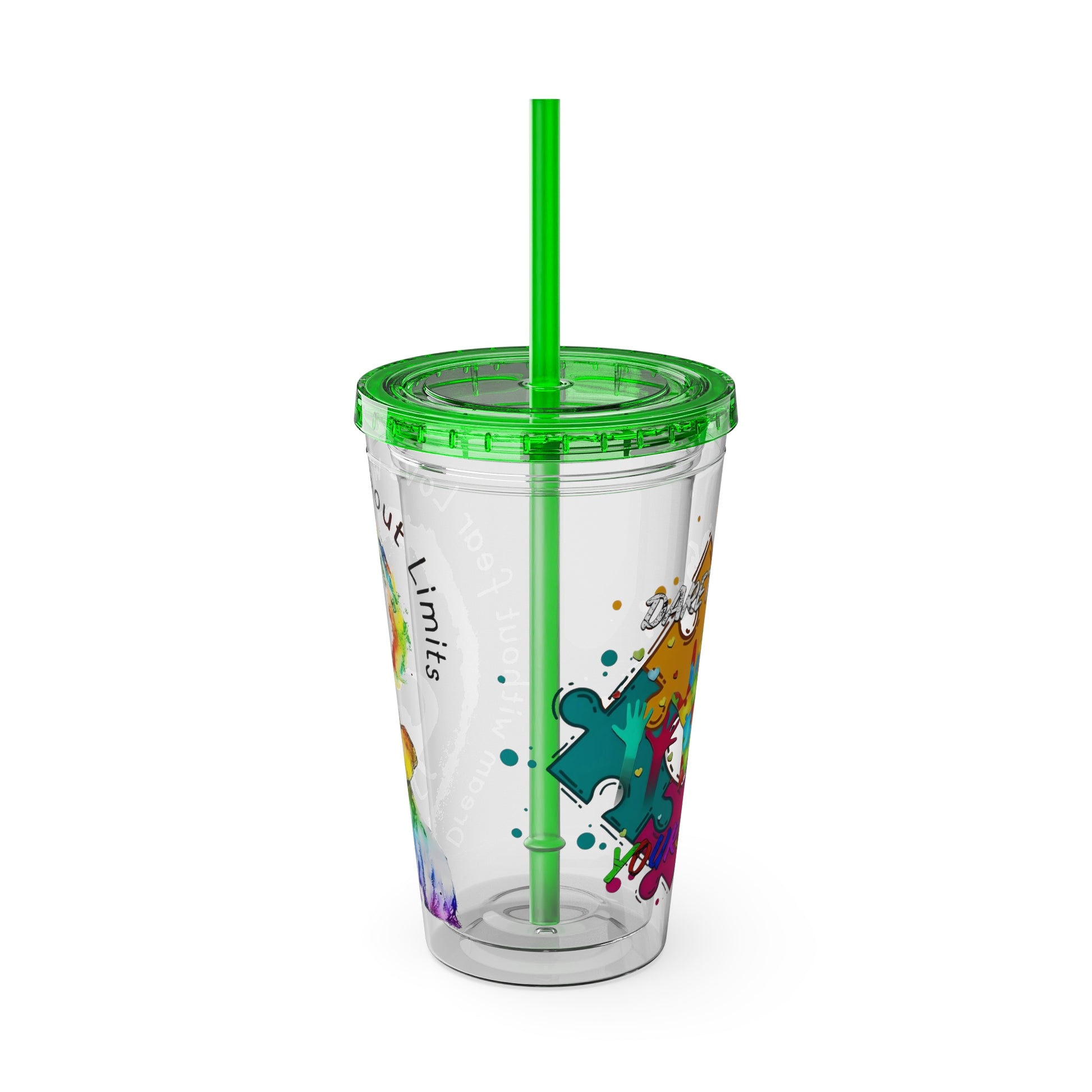 16oz Printify Sunsplash tumbler with straw featuring watercolor elephant and paint-splatter puzzle designs.
