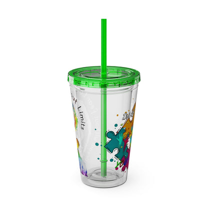 16oz Printify Sunsplash tumbler with straw featuring watercolor elephant and paint-splatter puzzle designs.