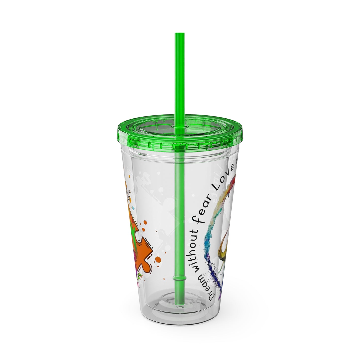 16oz Printify Sunsplash Tumbler with straw featuring watercolor elephant design and paint-splatter puzzle pattern.
