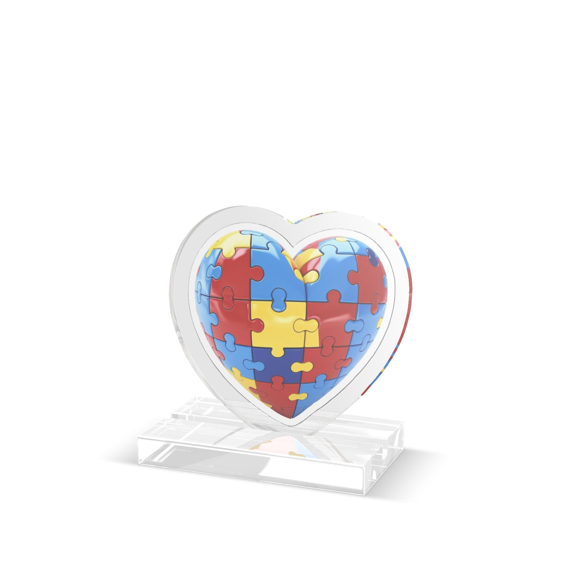 Custom puzzle pattern heart standee for home decor, featuring an autism awareness puzzle design on a cardboard cutout.