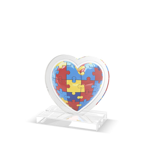 Custom puzzle pattern heart standee for home decor, featuring an autism awareness puzzle design on a cardboard cutout.