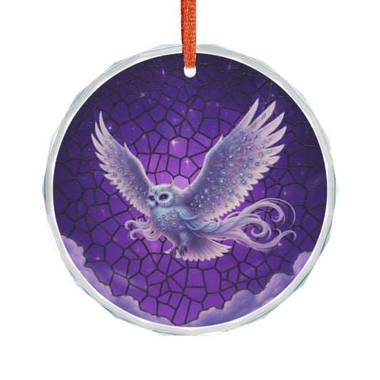Colorful stained glass fantasy owl suncatcher ornament hanging as a home decor piece with vibrant glass details.