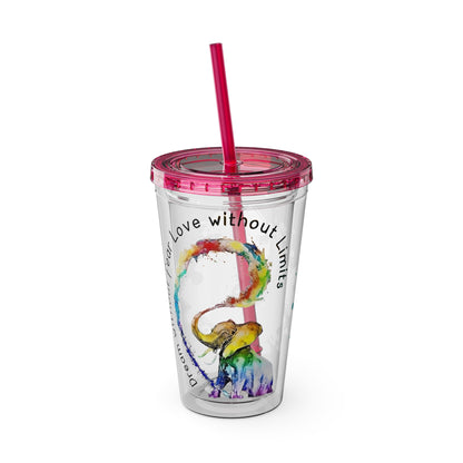 16oz Printify Sunsplash tumbler with watercolor elephant design and paint-splatter puzzle featuring 'Dare to Be Yourself'.