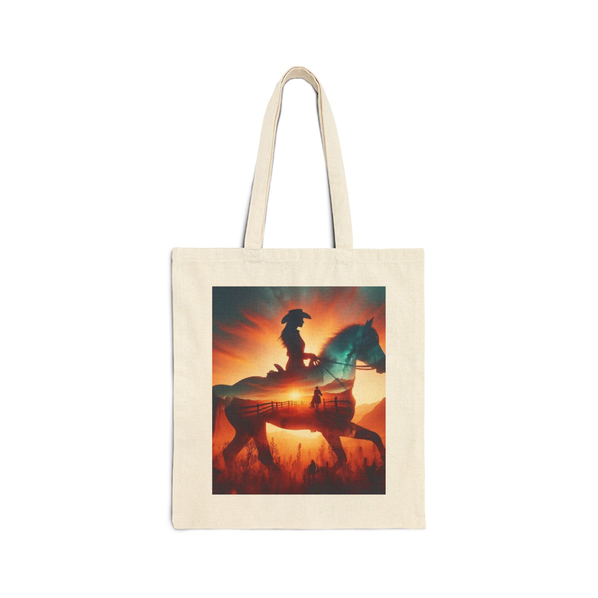 Minimal Desert Sunset tote bag with cowboy chic Western décor design, featuring warm sunset colors and rustic style.