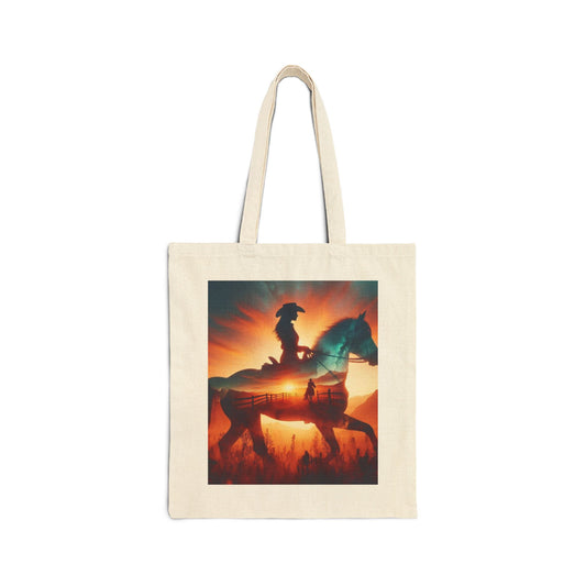 Minimal Desert Sunset tote bag with cowboy chic Western décor design, featuring warm sunset colors and rustic style.