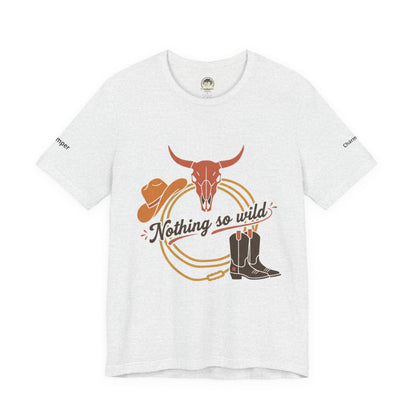 Personalized western sunset T-shirt from Nothing So Wild Rider Tee collection, featuring a vibrant sunset design on a casual tee.
