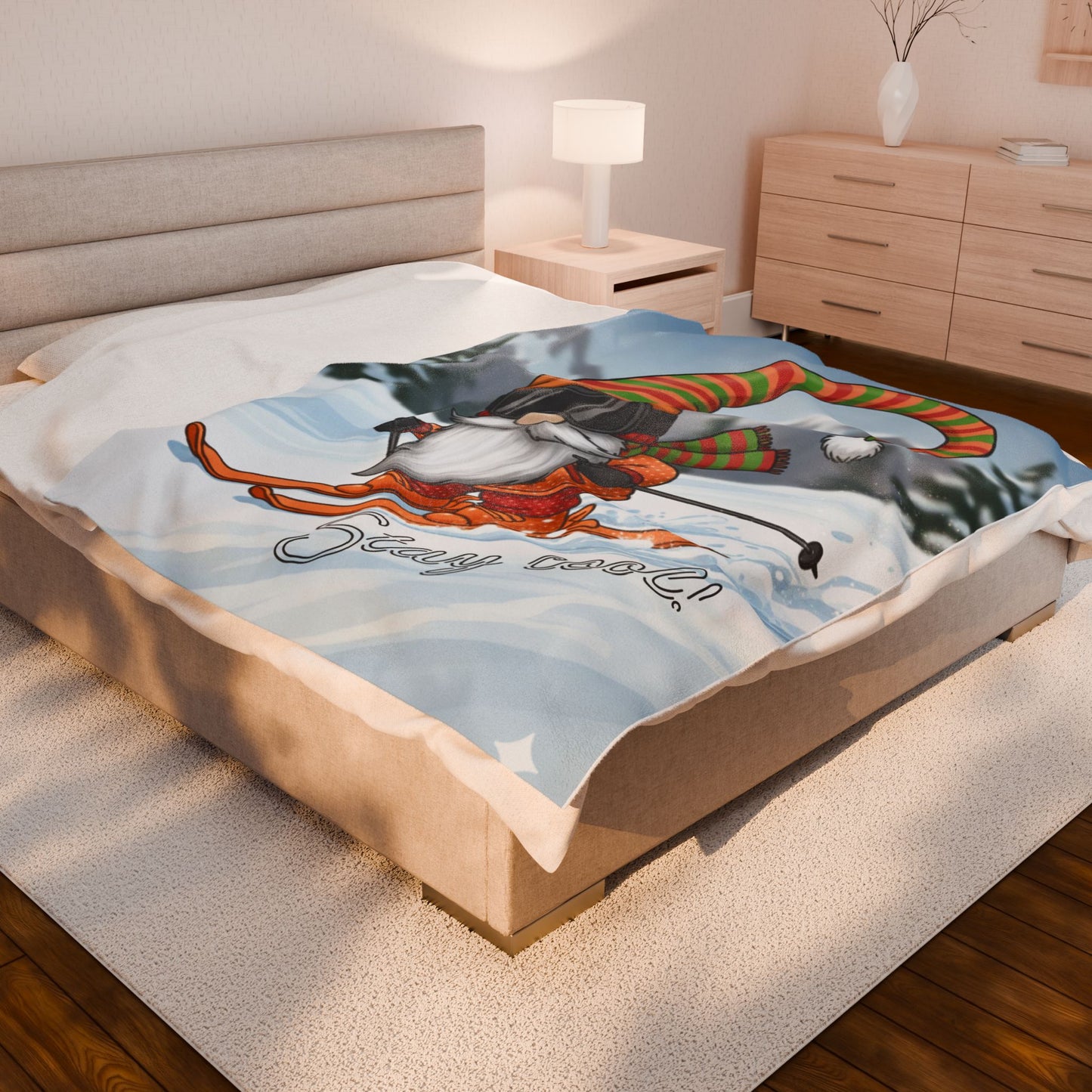 Skiing Gnome Velveteen Plush Blanket Stay Cool Winter Throw - Ramshackle Shack
