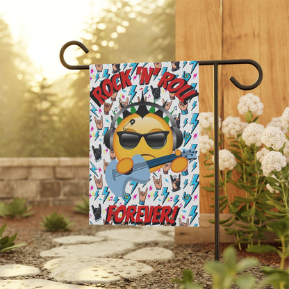 Rock 'N' Roll Forever Garden Flag — Emoji Guitarist Garden Banner - Ramshackle Shack